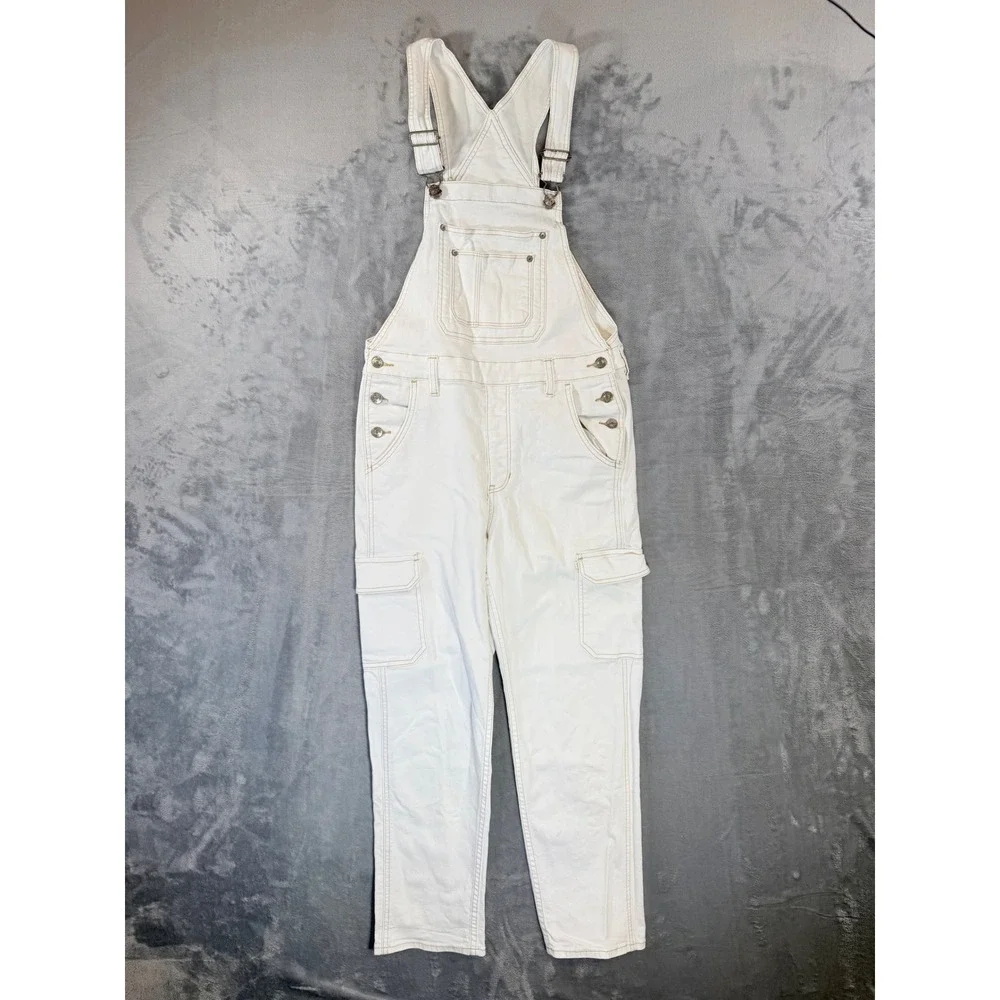 American Eagle 90s Boyfriend Denim Overalls Women's Size S White Stretch - Picture 1 of 10